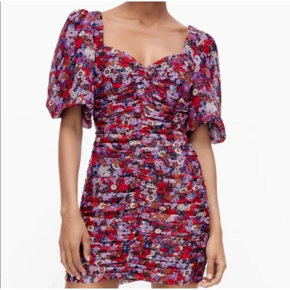 ZARA NWT Floral Mesh Puff sleeve ruched mini dress size S